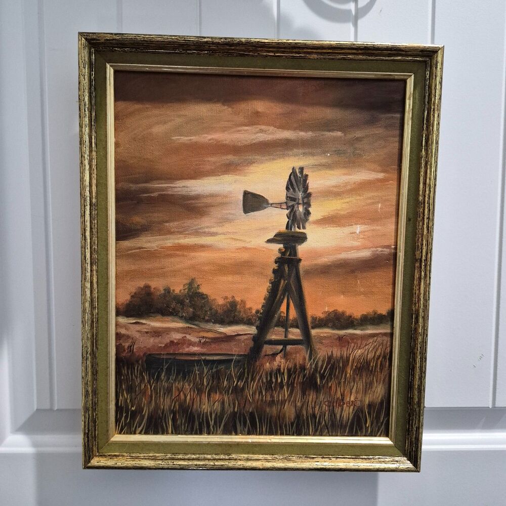 Painting on Canvas Landscape Autumn Windmill Field Realism Nature Art Framed